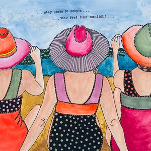 Tableau sur la plage, tableau copines, tableau d&#39;un ami, estampes fantaisistes, décoration de plage, art meilleure amie, art de la plage, aquarelle de plage, art