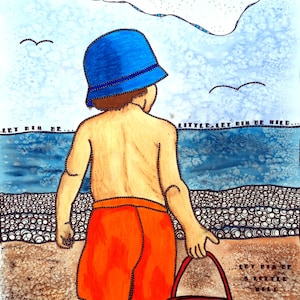 Little Boy Painting - Little Boy Watercolor - Little Boy at the Beach - Beach Watercolor - Little Boy Bedroom Art - Beach Print - Boy Art