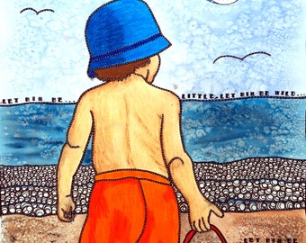 Little Boy Painting - Little Boy Watercolor - Little Boy at the Beach - Beach Watercolor - Little Boy Bedroom Art - Beach Print - Boy Art