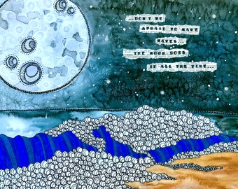 Moon Watercolor Painting - Ocean Waves Artwork - Ocean Painting - Night Painting - Outter Space Artwork - Space Art - Watercolor Painting