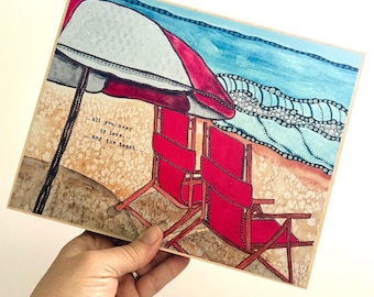 Big Lake Love Beach Chairs Art Print – Mixed Media Watercolor Cottage Decor