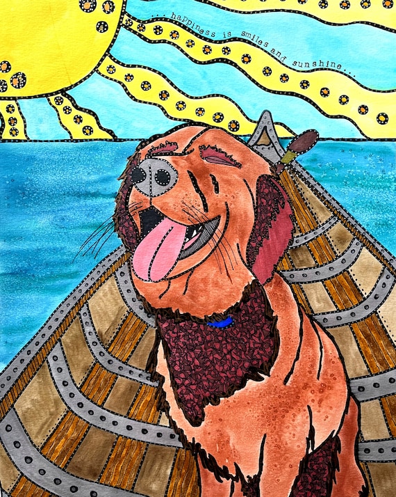 Irish Setter Dog Art Dog Lover Boat Cottage Happy Dog Dogs  Puppy Art Pet Art Dog Watercolor Lake Water Cabin Boats