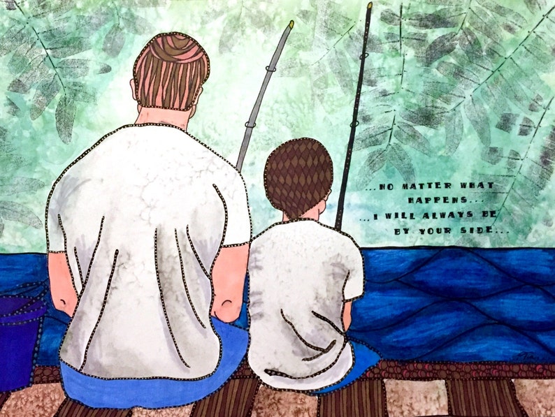 Father and Son Fishing Father and Son Painting Father and Son Art Father and Son Gift Fathers Day Fathers Gif Fishing Watercolor image 1