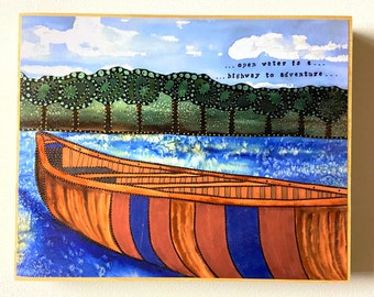 Canoe Painting - Canoe Art - Canoe Plaque - Canoe Decor - Lake Decor - Lake House Art - Cottage Art - Whimsical Artwork  - Whimsical