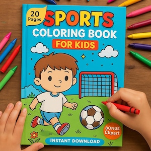 以下が含まれることがあります： 青色の「SPORTS COLORING BOOK FOR KIDS」には、サッカーをする少年の漫画イラストが描かれています。 本は木製の表面にカラフルなクレヨンで囲まれています。 「INSTANT DOWNLOAD」と「BONUS CLIPART」の文字も表示されています。