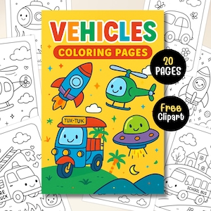 Puede incluir: Un conjunto de páginas para colorear para niños con el tema de los vehículos. La portada muestra el texto "VEHICLES COLORING PAGES" con ilustraciones de un cohete, un helicóptero, un tuk-tuk y un OVNI. El conjunto incluye 20 páginas y clipart gratuito.