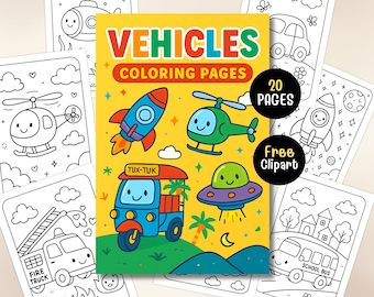 May include: A set of children's coloring pages featuring various vehicles. The cover displays the text "VEHICLES COLORING PAGES" with illustrations of a rocket, helicopter, tuk-tuk, and UFO. The set includes 20 pages and free clipart.