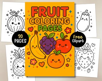 Può includere: Un libro da colorare a tema frutta con il testo "FRUIT COLORING PAGES" e "20 PAGES". La copertina presenta frutta dei cartoni animati come banana, uva, mela e arancia. Pagine aggiuntive mostrano disegni a tratto di anguria, ananas, melanzana e fragola.