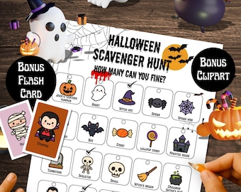 Puede incluir: Un juego de búsqueda del tesoro de Halloween con una lista de verificación de iconos espeluznantes, incluyendo un fantasma y un sombrero de bruja. El juego incluye tarjetas flash y clipart de bonificación. Se utiliza un lápiz para marcar la lista.