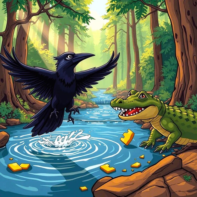 Op de afbeelding: Een zwarte raaf met uitgespreide vleugels vliegt over een blauwe beek in een groen bos. Een groene alligator met een open bek zit op een rots bij de rand van het water. Er liggen gele stukjes kaas rond de beek.