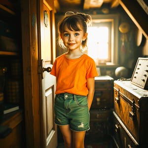 以下が含まれることがあります： 茶色の髪と青い目の若い女の子が、オレンジ色のTシャツと緑色のデニムのショートパンツを着用しています。彼女は、木製のドアと後ろに窓がある部屋に立っています。