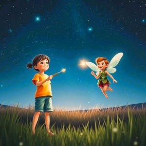 以下が含まれることがあります： 茶色の髪の女の子が黄色のシャツを着て、筆を持ち、星が輝く夜空を飛ぶ羽根と緑色のドレスを着た妖精を見上げています。