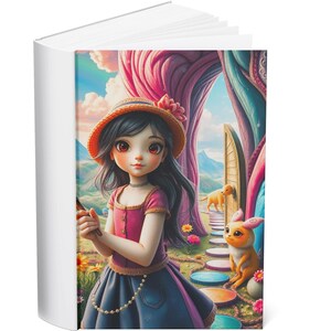 以下が含まれることがあります： 長い黒髪の少女が、ピンクのドレスを着て、幻想的な風景の中に立っています。彼女は麦わら帽子をかぶり、筆を持っています。背景には、カラフルな道が扉へと続いており、犬と小さな動物が近くにいます。