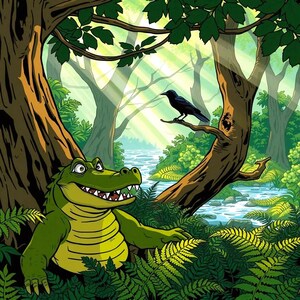 Op de afbeelding: Een groene alligator met een tandenrij zit in een weelderig groen bos met een klein beekje dat er doorheen stroomt. Een zwarte vogel zit op een tak van een boom op de achtergrond.
