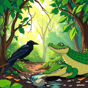 Op de afbeelding: Een zwarte raaf zit op een tak in een weelderig groen bos en kijkt naar twee groene alligators bij een klein beekje. De alligators hebben hun bek open met scherpe tanden.