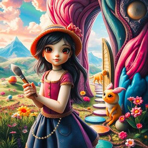 以下が含まれることがあります： 長い黒髪の少女がピンクのドレスを着て、幻想的な森の風景の中で筆を持っています。彼女はカラフルな踏み石の道の上に立っており、隣には小さな毛むくじゃらの生き物がいます。背景には、魔法の世界に通じる入り口のある大きなカラフルな木があります。