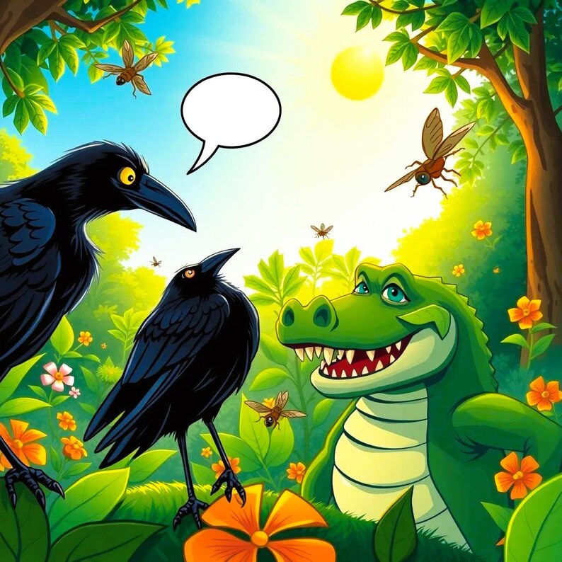 Op de afbeelding: Een groene alligator met een tandenrij grinnikend zit in een jungle-omgeving met twee zwarte kraaien en een spreekballon. De alligator is omringd door groene bladeren en bloemen.