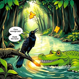 Op de afbeelding: Een zwarte vogel met een gele snavel zit op een tak boven een groene alligator in een rivier. De vogel roept naar de alligator: "Cora, minnigh old!! Clyde the nave!" Er drijven twee stukjes gele kaas in het water.