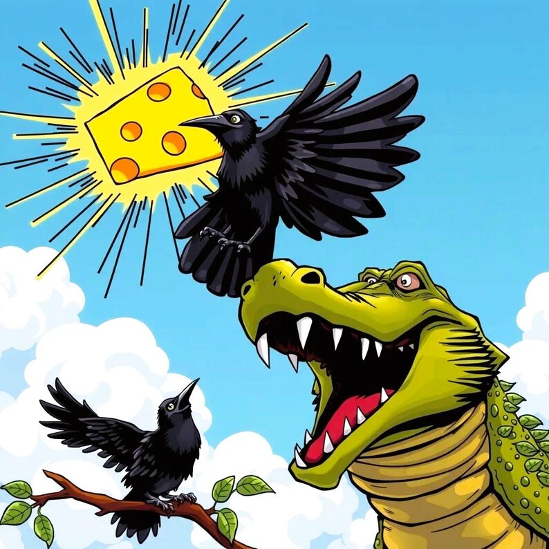Op de afbeelding: Een cartoonillustratie van een groene alligator met een grote open bek, een zwarte kraai die erboven vliegt met een plak kaas in zijn snavel, en een andere zwarte kraai die op een tak zit.