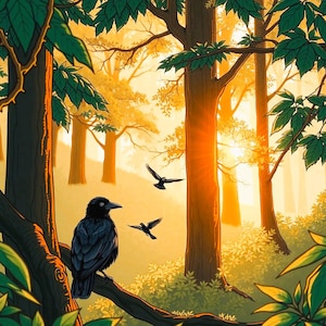 Op de afbeelding: Een zwarte raaf zit op een tak in een bosrijke omgeving. De zon schijnt door de bomen en werpt een warme gloed over de sc&egrave;ne. Twee andere raven vliegen in de verte.