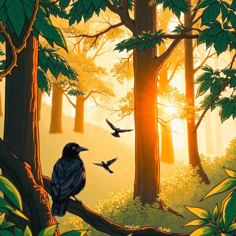 Op de afbeelding: Een zwarte raaf zit op een tak in een bosrijke omgeving. De zon schijnt door de bomen en werpt een warme gloed over de sc&egrave;ne. Twee andere raven vliegen in de verte.