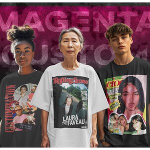 May include: Three people wearing t-shirts with different graphic designs. The designs feature magazine covers with images of people and text. The text on the shirts includes "Rolling Stone", "Laura Faveau", "Clo", "Super BB", "Sa Nouvelle Flame", and "Mathilde Paganino".