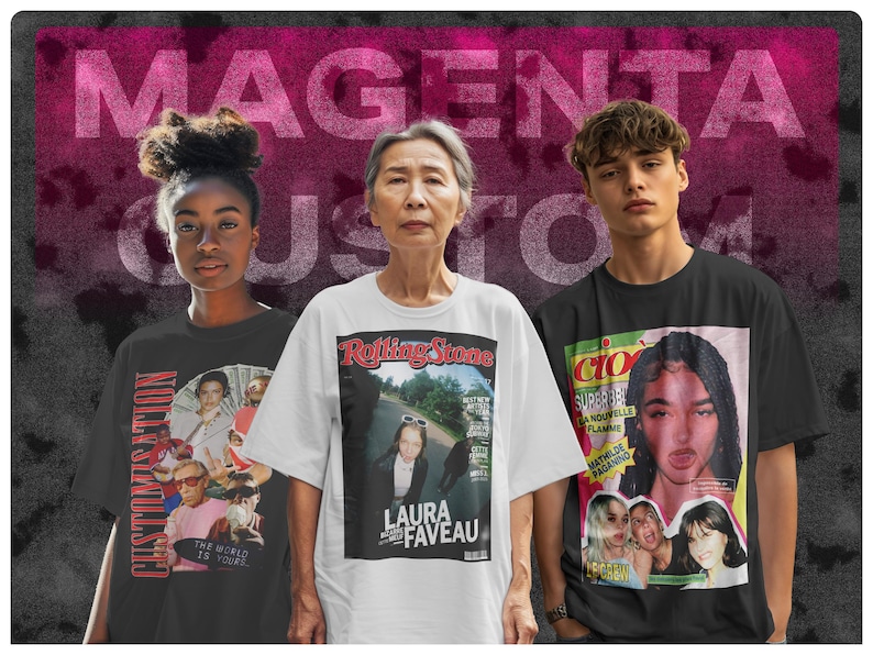 May include: Three people wearing t-shirts with different graphic designs. The designs feature magazine covers with images of people and text. The text on the shirts includes "Rolling Stone", "Laura Faveau", "Clo", "Super BB", "Sa Nouvelle Flame", and "Mathilde Paganino".