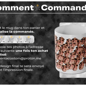May include: A white mug with a design of multiple faces wearing sunglasses. The mug is on a black background with instructions on how to order a custom mug with a photo.