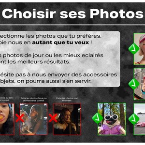 May include: A guide with instructions on how to choose photos for a project. The guide includes tips on taking photos in daylight, avoiding blurry photos, and sending accessories. The guide also includes examples of good and bad photos.