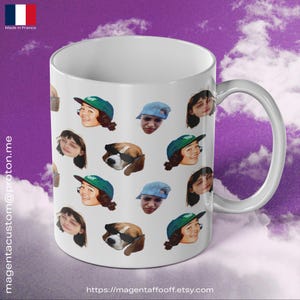 May include: White ceramic mug with a repeating pattern of faces and dogs wearing sunglasses. The mug has a black handle and the text "magentacustom@proton.me" and "https://magentafoooff.etsy.com" printed on the bottom.