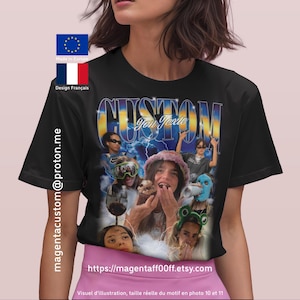 Peut inclure: Un t-shirt noir à manches courtes avec un collage graphique représentant diverses personnes, un cupcake et un verre de vin sur un fond d'éclairs bleus. Le mot CUSTOM est imprimé en grandes lettres dégradées avec le texte Ton Texte.