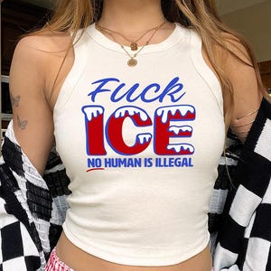 Abolish ICE Racerback Crop Top: No Human Is Illegal Women&#39;s Shirt