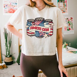 Patriotic Beverage Can Crop Top: 4th of July USA Flag Tee