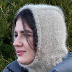 knitted warm beige bonnet, handmade knitted women bonnet, wool balaclava, warm gift for her, wool bonnet, headwear  women,  women scarf hat