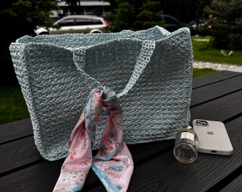 Hand-Crocheted Raffia Tote Bag: Pastel Blue Summer Beach Purse, Boho Style