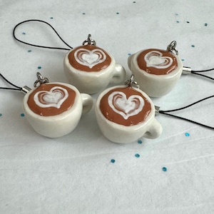 Coffee latte keychain phone strap & charm / Handmade Polymer Clay gift decor / kawaii cute miniature food drink accessories
