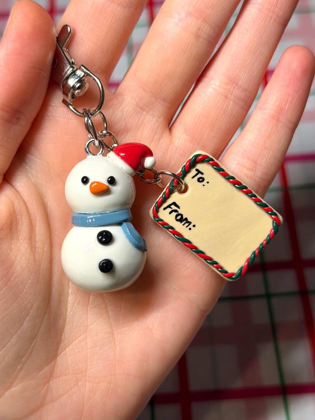 Snowman W/ Gift Tag Keychain Bag Charm / Handmade Polymer Clay Gift ...