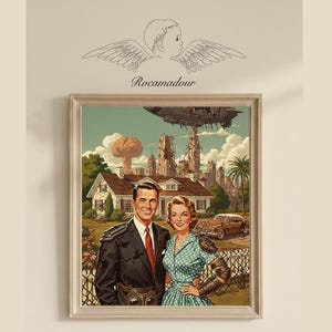 May include: Framed vintage-style print featuring a couple in front of a house, with a post-apocalyptic city and a mushroom cloud in the background. The print includes the text "Rocamadour" and an angel illustration.