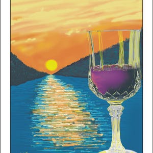Wine and Sunset, Landscape with Wine, Contemporary Art, Realistic Digital Art, Warm Colors, Home Dining Kitchen Decor, Gift for a Wine Lover