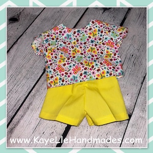 15 inch Baby Doll Clothes - Top and Shorts - Yellow with Lady Bugs and Flowers