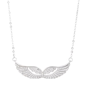 May include: A silver-toned necklace featuring a pendant shaped like a pair of wings. The wings are detailed with numerous small, sparkling stones, creating a shimmering effect. The necklace has a delicate chain.