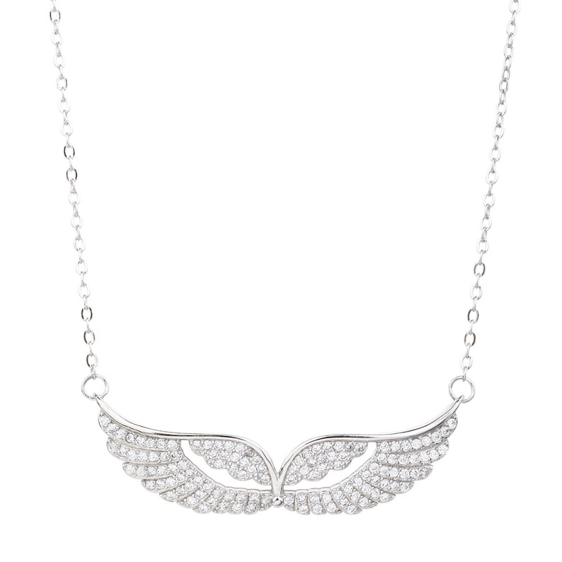 May include: A silver-toned necklace featuring a pendant shaped like a pair of wings. The wings are detailed with numerous small, sparkling stones, creating a shimmering effect. The necklace has a delicate chain.