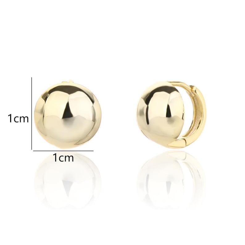 May include: A pair of gold-coloured ball-shaped hoop earrings. Each earring is approximately 1 cm in diameter. The earrings have a smooth, reflective surface and a simple, classic design. The earrings are shown against a white background.