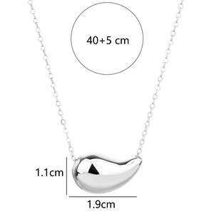 May include: A silver-colored necklace featuring a teardrop-shaped pendant. The pendant measures 1.9 cm long and 1.1 cm wide. The chain is 40 cm + 5 cm long. The necklace is a simple, elegant piece of jewelry.