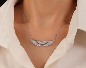 Collar de alas de ángel, plata de ley maciza con circonita cúbica 5A, colgante de ángel de la guarda, regalo de Halloween para ella.