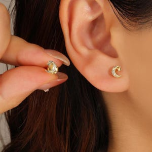 Zierliche Mond und Stern Ohrstecker, 14K vergoldetes Sterling Silber, Geschenk zum Geburtstag & Valentinstag für Sie