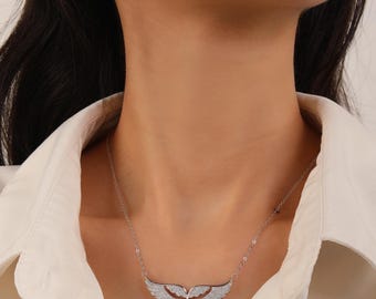 Sterling Silver Angel Wings Necklace Guardian Angel Cubic Zirconia Charm