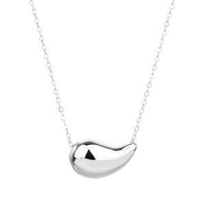 May include: A silver-colored necklace featuring a smooth, bean-shaped pendant. The pendant is highly polished, reflecting light, and hangs from a delicate chain. The necklace is a simple, elegant piece of jewelry.