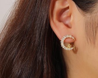 Moon and Star Necklace & Stud Earrings Set, 14K Gold or Sterling Silver Celestial Jewelry Christmas Gift Set for Women