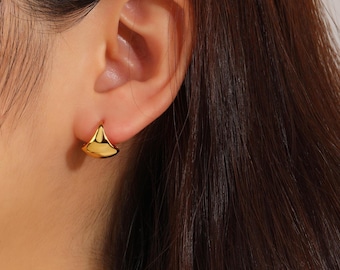 Bold Geometric Triangle Hoop Earrings, Solid 925 Sterling Silver 14K Gold Plated Gold Modern Dome Earrings, Minimalist Chunky Christmas gift